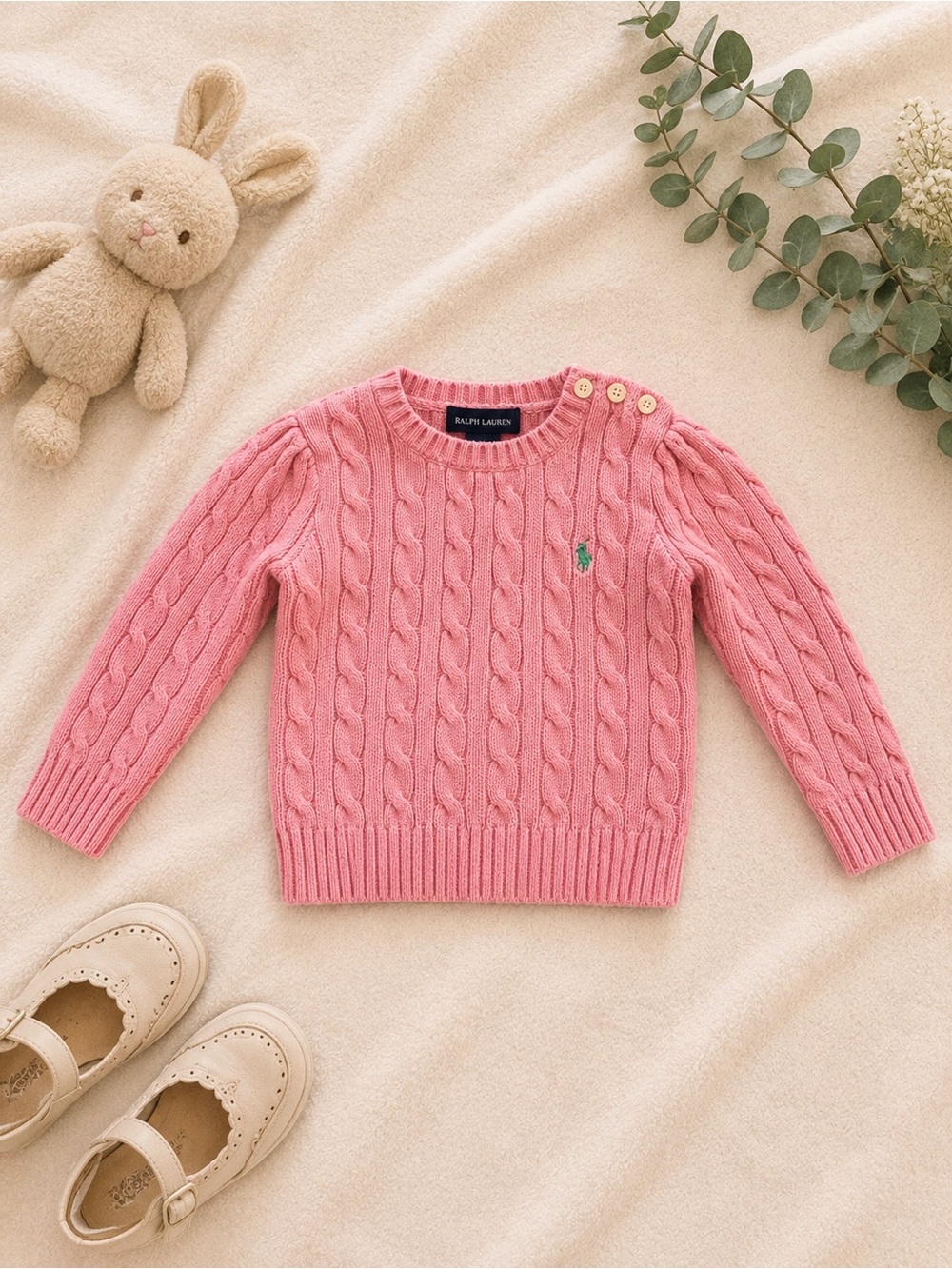 Ralph Lauren | Toddler | Pink Cotton Cable-Knit Crewneck Sweater | 4T